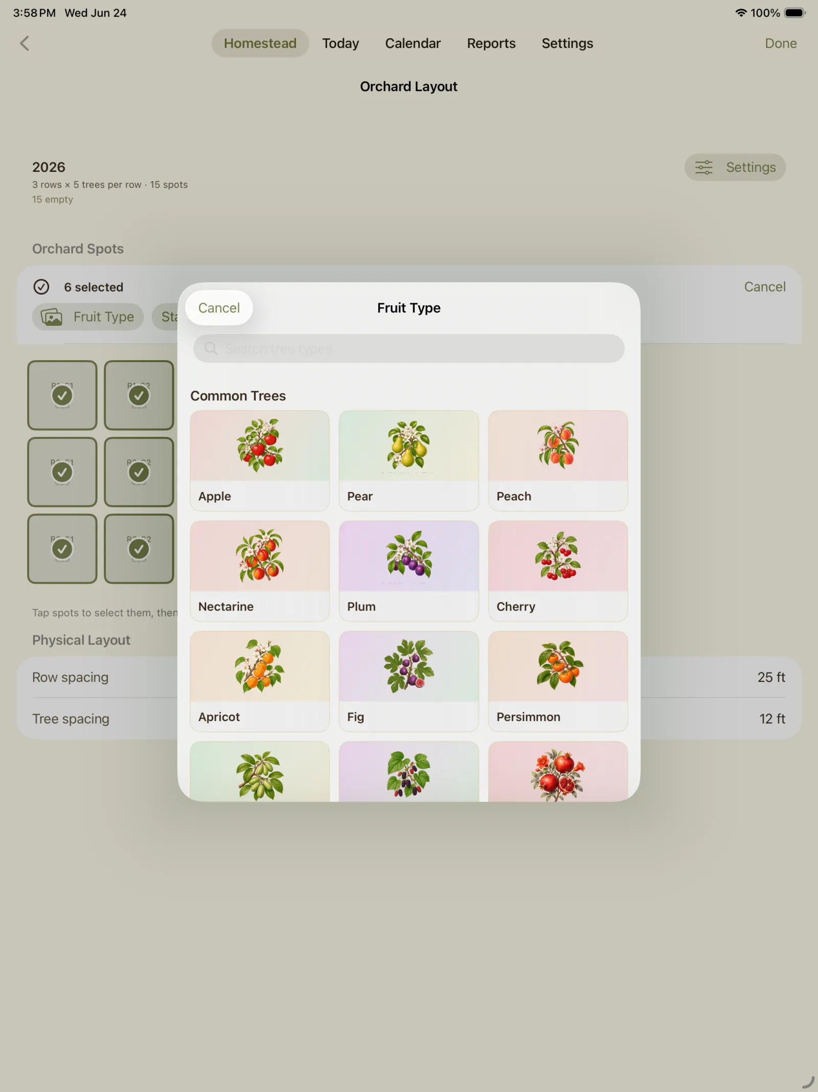 Fruit type picker showing options such as apple, pear, peach, grape, blueberry, and other fruit plants.